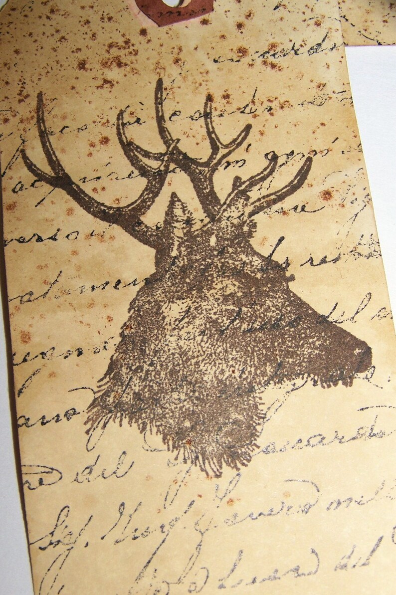 4 Gift Tags WOODLAND DEER Vintage Grunge Woodland Theme Christmas Gift Tags Gift Tag Set Vintage Christmas Ornament Set Nature Lover image 3