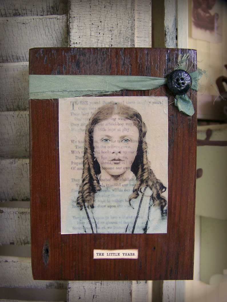 Antique Photograph Art Block Altered Childhood Photograph Antique Reclaimed Barn Wood Assemblage Barnwood Art Altered Vintage Photo Collage image 1