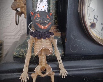 Handmade Paper Mache Halloween Ornament Skeleton Cat Pumpkin Vintage Style Halloween Decor Hand Sculpted Jack O' Lantern