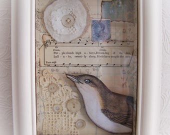 Handmade Tattered White Bird Collage Farmhouse White Decor Vintage Bird Lover Bird Watcher Antique Mixed Media Vintage Style Mixed Media