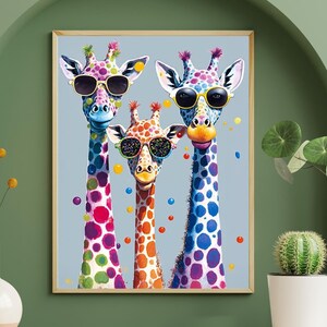 Giraffes With Sunglasses, Funky Giraffes Canvas Art, Handmade Home ...