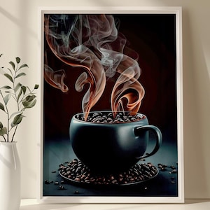 Mesmerizing Coffee Art, Swirling Smoke & Coffee Beans, Elegant Black Canvas Wall Art, Black Cup Of Coffee, Dreamy Coffee Lover, Canvas Decor
