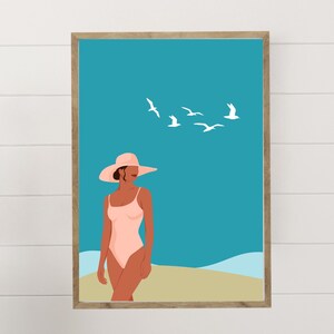 A4 Instant Download Beach Art Print | Woman on the Beach | Beach House Decor | Summer Poster | Housewarming Gift for Woman | Wall Art Beach