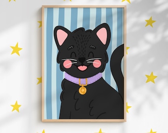 Black Cat Portrait Print | Whimsical Nursery Wall Art (Digital Download)