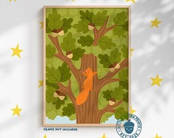 Oak Tree Squirrel Nursery Print | Woodland Themed Kids Decor