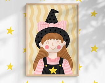 Impresión de retrato de bruja caprichosa / Decoración infantil de Halloween (Descarga digital)