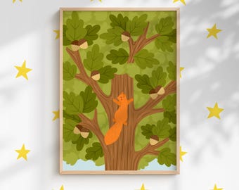 Oak Tree Squirrel Nursery Print | Woodland Illustration (Digital Download)