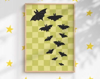 Flying Bats Print | Green Check, Spooky Kids Decor (Digital Download)