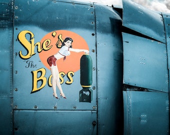 She's the Boss, Classic Pinup Wall Art Print, Airplane Nose Art on a Navy Avenger torpedo Bomber