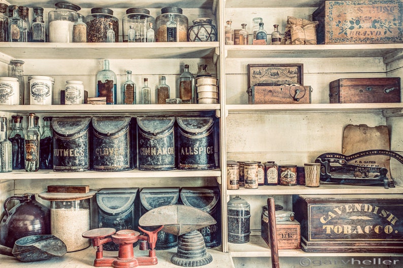 All you Need, Stocked Shelves at the Old General Store, 19th century, Old Stuff on the shelves, Fine Art Photography Print image 1