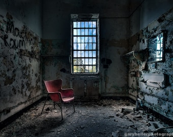 Red Chair, Art Deco and Decaying Old building, Abandoned Asylum, Urban Exploration, Beautiful and Mysterious, Fine Art Photography Print