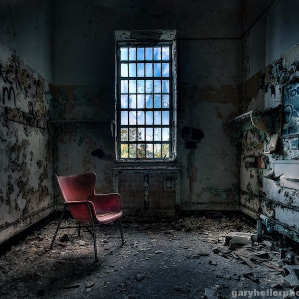 Red Chair, Art Deco and Decaying Old building, Abandoned Asylum, Urban Exploration, Beautiful and Mysterious, Fine Art Photography Print