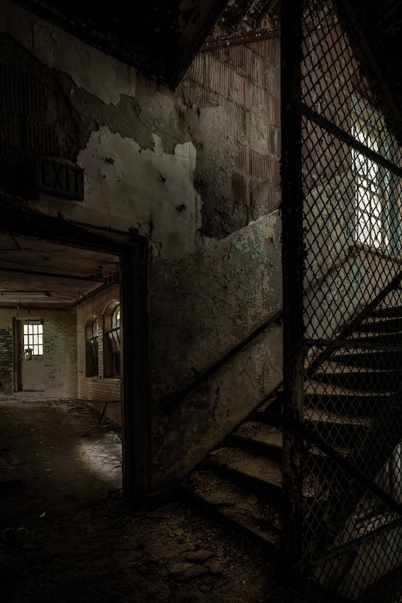 blue interior print fine art photograph Abandoned asylum derelict building art wall art print