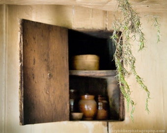 Hanging spice and cupboard, Rosemary, Cottage Chic, Rustic, Old world, Signed photography print.
