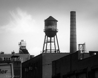 Brooklyn Water Tower and Smokestack Black and White Photography, Urban Chic, Industrial skyline, Signed Print