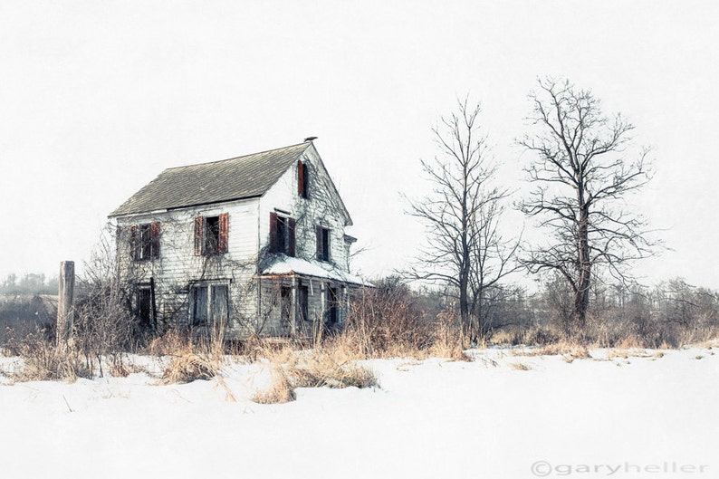 Brighter Days Abandoned, Farmhouse of a Serial Killer, Nathaniel White, Snow, Winter Landscape, Icy White, Trees, Fine Art Print image 1
