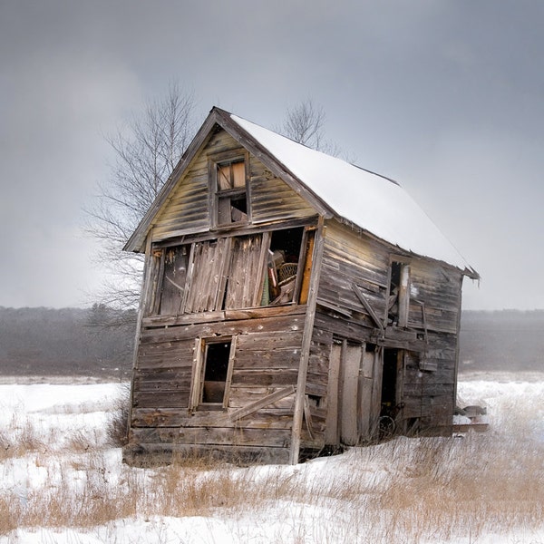 Portrait of Old Shack, Snowy Landscape Rustic Photograph, Old Barns, Free Shipping, Signed Print