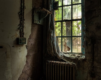 Draped, Abandoned Asylum, Old Curtain by Window, Fine Art Photograph, HDR Color Photography Signed Print.