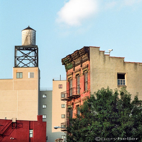 New York Water Tower 3 - Square format photography print of a water tower atop a building on the lower east side of new york city