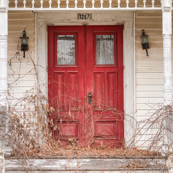 Red Doors on the Old Abandoned House, Signed Photography Print, Beautiful Cottage Decor, Color Photograph, Rustic Places