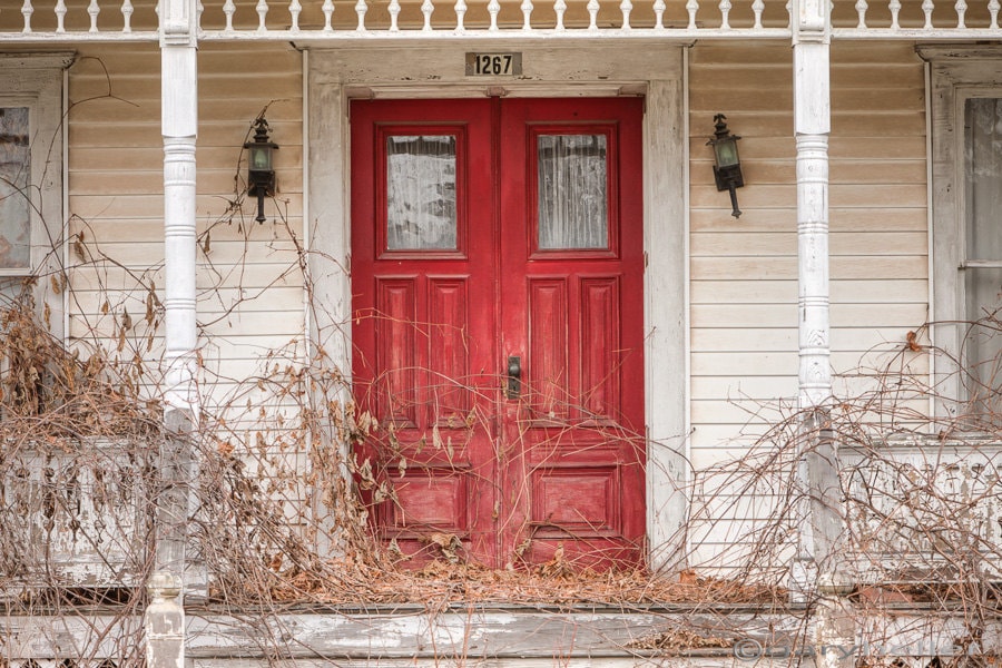 Red Doors on the Old Abandoned House, Signed Photography Print, Beautiful Cottage Decor, Color Photograph, Rustic Places