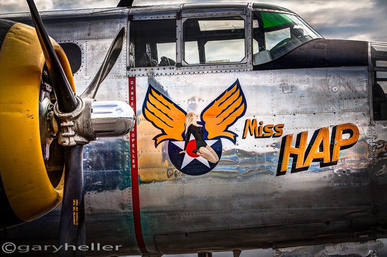 Military Aircraft Nose Art, Pinup girl Miss Hap, North American RB-25 Mitchell Bomber, Pinup Art, Signed Photograph image 1