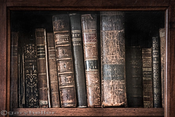 Old books on a shelf in a 19th century library, Poetry and literature,  Moody light, Old world, Signed print