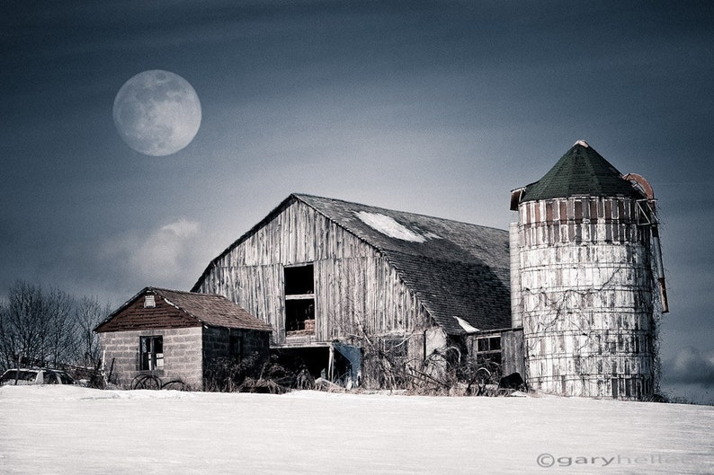 Old Barn Winter Moon, Rustic Landscape Snow, Moonlight, Silo, White, Blue, Barn Photography, Fine Art Color Photography image 1