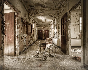 Abandoned Asylums, Old House, Wheelchair in the Hallway, What has become, Coffee and Cream Colors, Spooky, Urbex, HDR, Signed