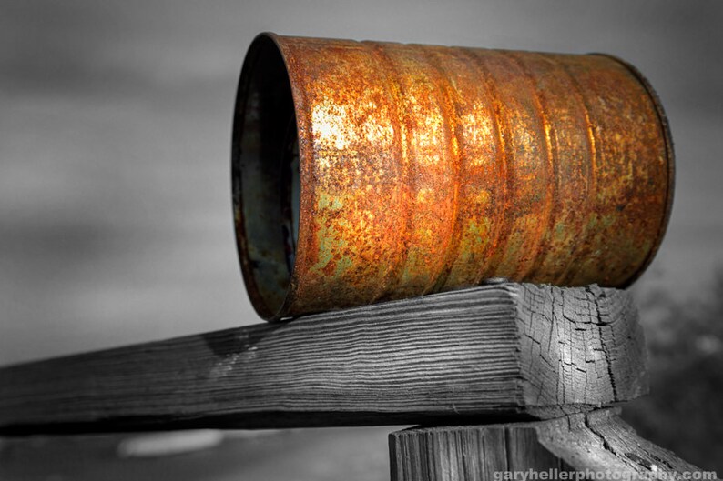 Orange Appeal, Pop Art, Old Rusted Can, Selective Color, Rust, Color photography print, signed. image 1