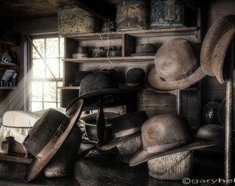 A 19th Century Hatters Shop -  Hats, Molds, Boxes and Tools, Art Photography of an Old World Milliners Place, Very old Place