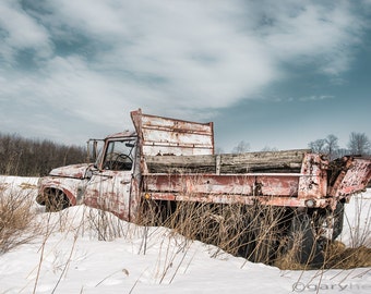 Old abandoned dump truck in a snowy field, Rustic Winter, Industrial Chic, Red White and Blue, Signed Print