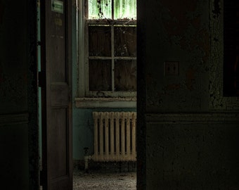 resuscitator room - 8x12 art photography print of an open door to the resuscitator room of building 135 of an abandoned asylum, signed.