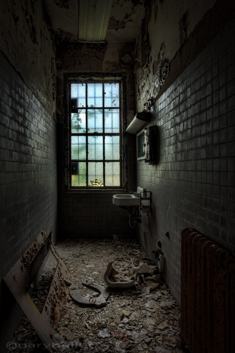 long narrow lavatory, abandoned asylum, urban exploration, mysterious places, fine art photography print, signed. image 1