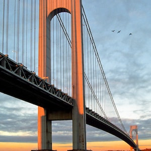 Verrazzano Bridge, Sunrise, Original Fine Art, Color Photography - Orange, Blue, Wall decor, Landmark, Color Photograph, Free Shipping