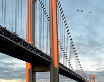 Verrazzano Bridge, Sunrise, Original Fine Art, Color Photography - Orange, Blue, Wall decor, Landmark, Color Photograph, Free Shipping