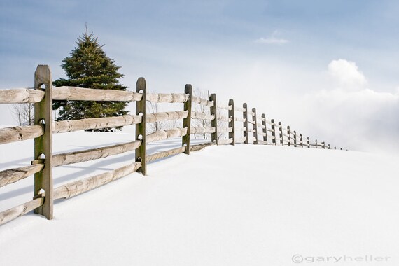 Wood Fence Rustic Winter Snowy Landscape in the Country, Color Photograph Signed Print, Free Shipping