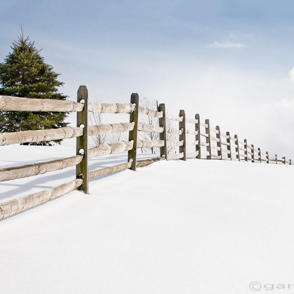 Wood Fence Rustic Winter Snowy Landscape in the Country, Color Photograph Signed Print, Free Shipping