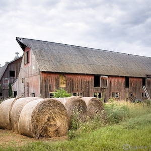 Old Barns, Hay Bales, Rustic Landscape, Fine Art Color Photography, Free Shipping, Signed Print