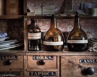 Essence of Life, Old flasks and things on the shelves in The General Store, Fine Art Photography Print