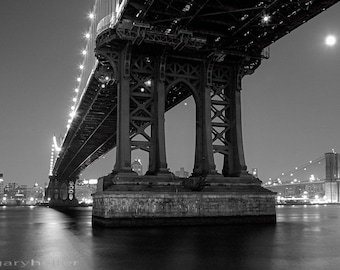 Manhattan Bridge Night, Black and White Photography Print, New York, Moonlight, fine Art Photograph, Signed.