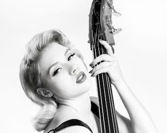 Portrait of woman posing with Standup Bass, String Bass, Swing, Jazz, Big Band Burlesque, Music, Mosh and DogHouse, Signed Print