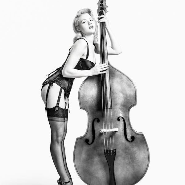 Pinup Girl with Double Bass, Black and White Photography, Big Band, Jazz, Swing, Vintage, Retro,Burlesque, Mosh and String Bass Signed Print