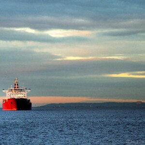 Anchored on the edge of light - Fine Art Photography, Nautical photograph, free shipping, Ship anchored at sunrise, 8x12 color print.
