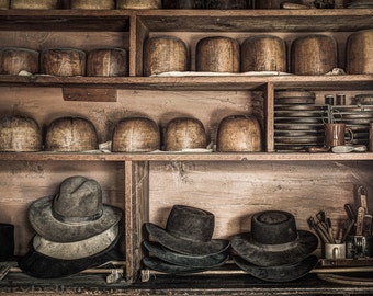Hats and Things on shelves of a 19th Century Hatters Shop, Hat Molds and Tools, Old World Vintage Styled Photograph, signed.