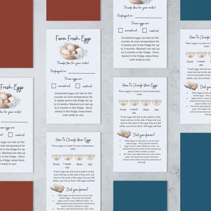 K&ouml;nnte beinhalten: Eine Sammlung von Informationskarten mit Text und Illustrationen &uuml;ber frische Eier vom Bauernhof. Die Karten enthalten Details zur Frische, Lagerung und eine Anleitung zur &Uuml;berpr&uuml;fung der Eier. Die Farbpalette ist neutral mit braunen und blauen Akzenten.