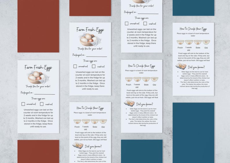 K&ouml;nnte beinhalten: Eine Sammlung von Informationskarten mit Text und Illustrationen &uuml;ber frische Eier vom Bauernhof. Die Karten enthalten Details zur Frische, Lagerung und eine Anleitung zur &Uuml;berpr&uuml;fung der Eier. Die Farbpalette ist neutral mit braunen und blauen Akzenten.
