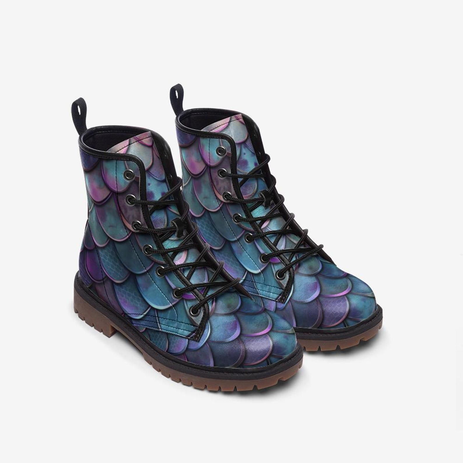 Pink Girly Mermaid Teal Scales Pattern Print Men Women Leather Boots main image 1