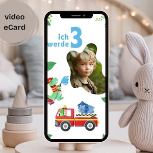 Invitación en vídeo para cumpleaños infantiles con foto, plantilla de tarjeta electrónica Tarjeta de cumpleaños personalizable cuerpo de bomberos, dinosaurio bombero