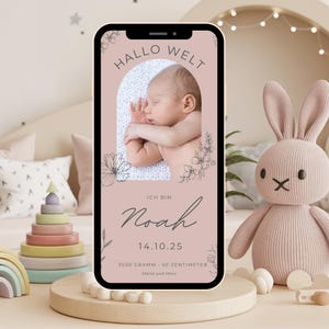 Geboorteaankondiging, Digitale Geboorteaankondiging voor Jongen & Meisje - Canva Template, E-Card voor WhatsApp Hallo wereld